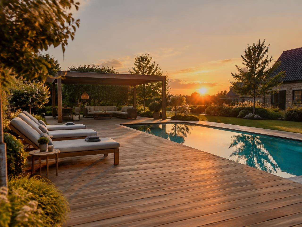 Terrasse en bois au bord d’une piscine au coucher du soleil